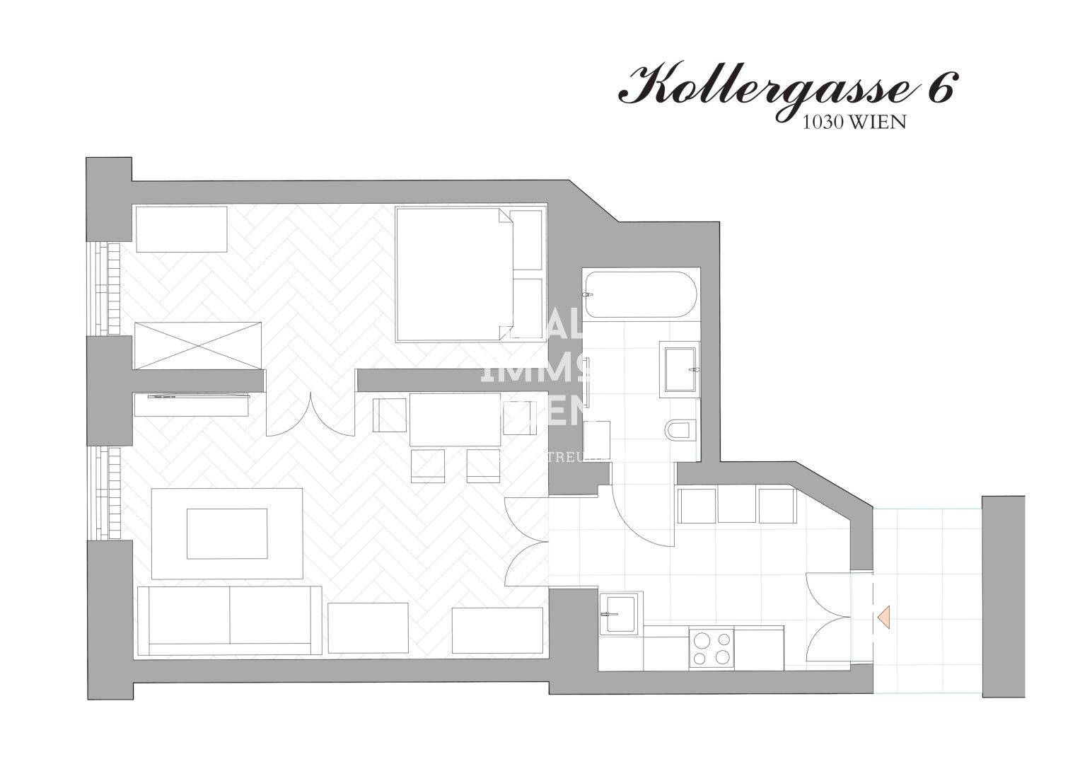 Detaillierter Grundriss einer modernen Wohnung mit Schlafzimmer, Wohnbereich, Küche und Balkon.