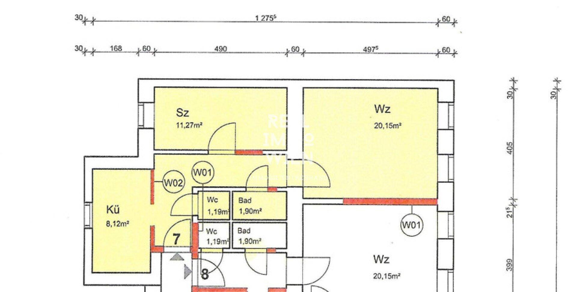 Detaillierter Grundrissplan mit mehreren Zimmern, Bädern und WCs, inklusive Flächenangaben.