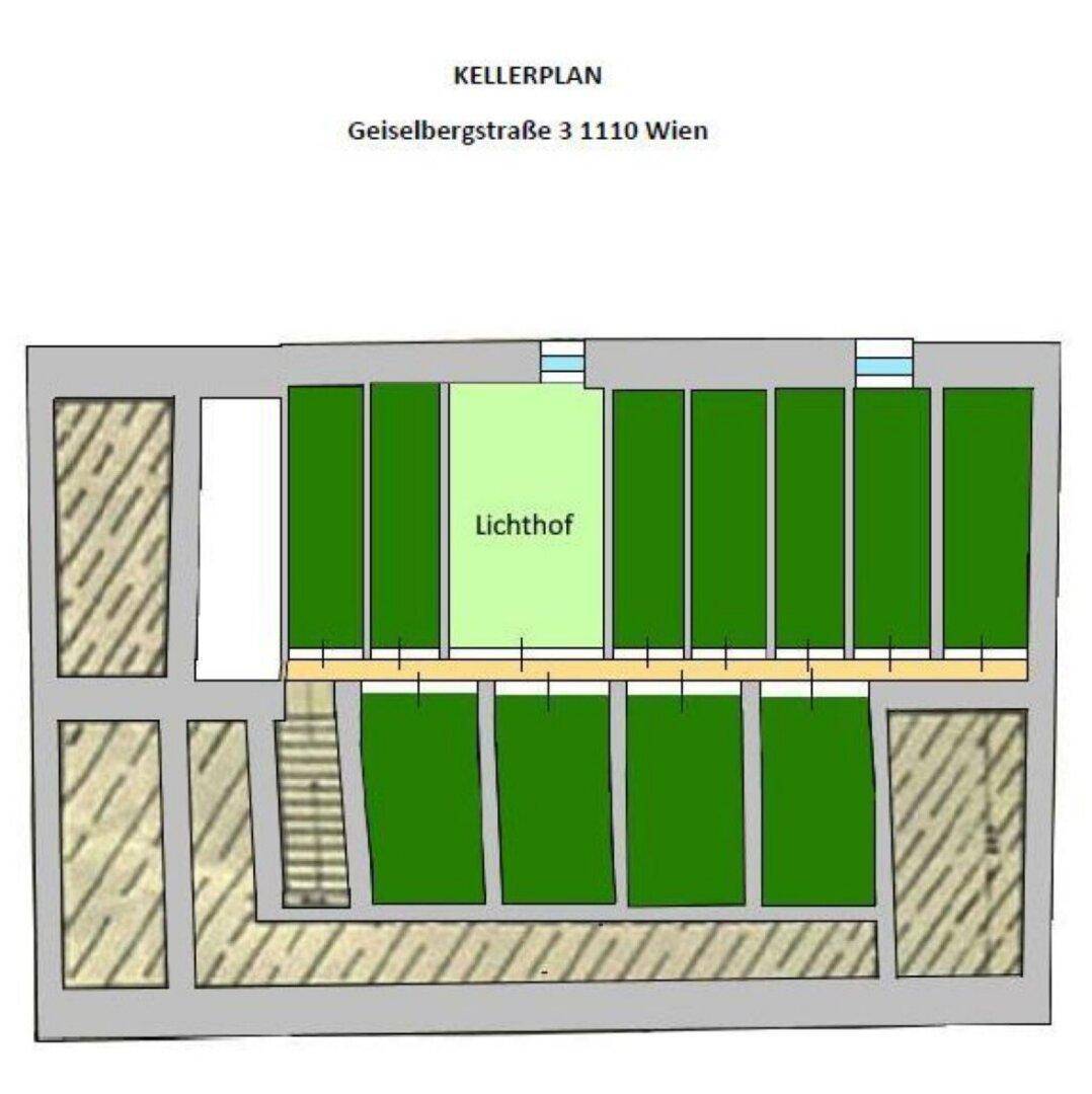 Kellerplan des Gebäudes mit Lichtschacht und mehreren Abstellräumen.
