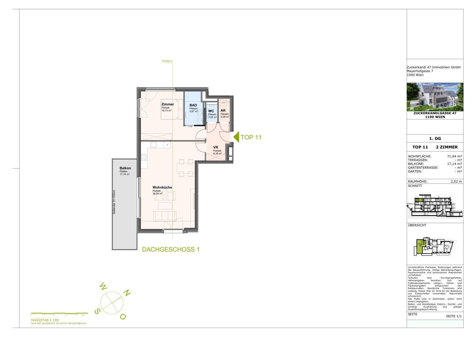 Grundriss einer 2-Zimmer-Wohnung im Dachgeschoss mit Balkon und separatem WC.