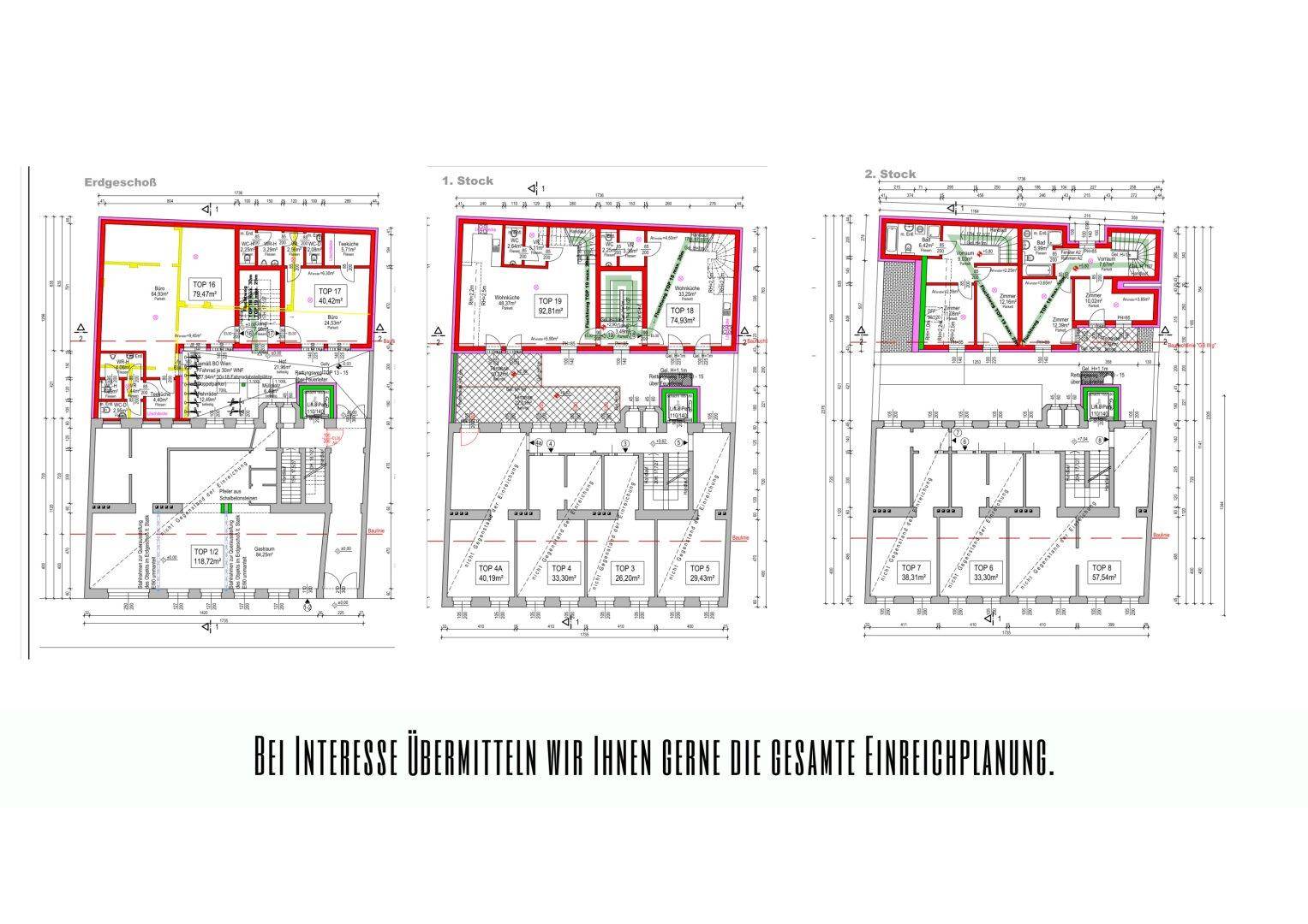 Grundrisse für Erdgeschoss, 1. Stock und 2. Stock mit verschiedenen Wohneinheiten.