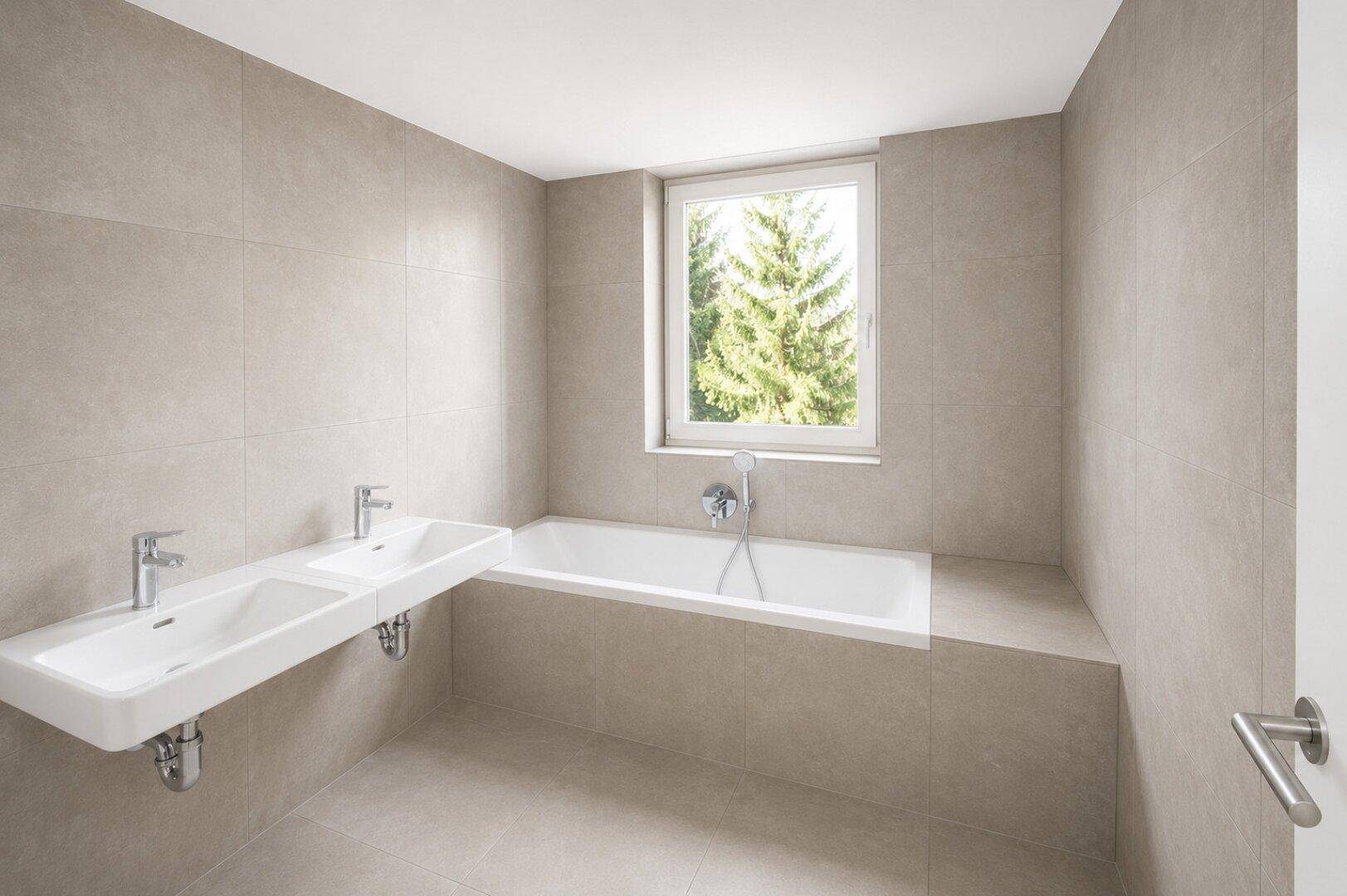 Modernes Badezimmer mit Doppelwaschbecken, Badewanne und Fenster mit Blick ins Grüne.