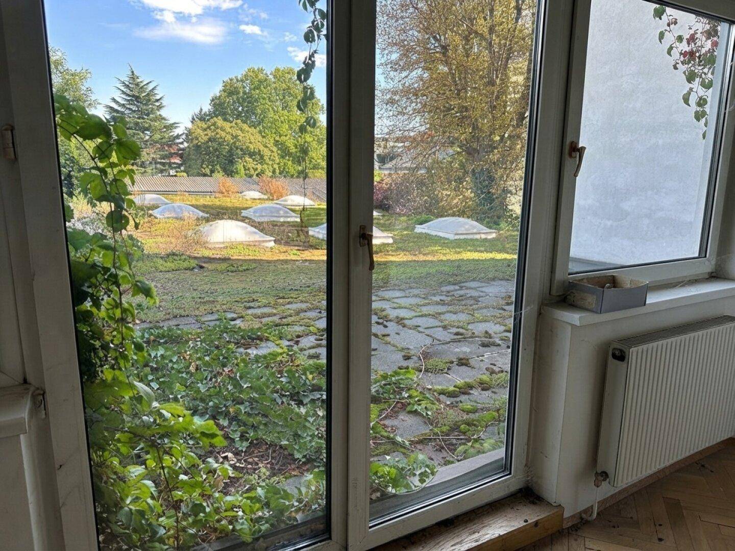 Blick aus dem Fenster auf einen begrünten Gartenbereich mit mehreren Lichtkuppeln und Bäumen.