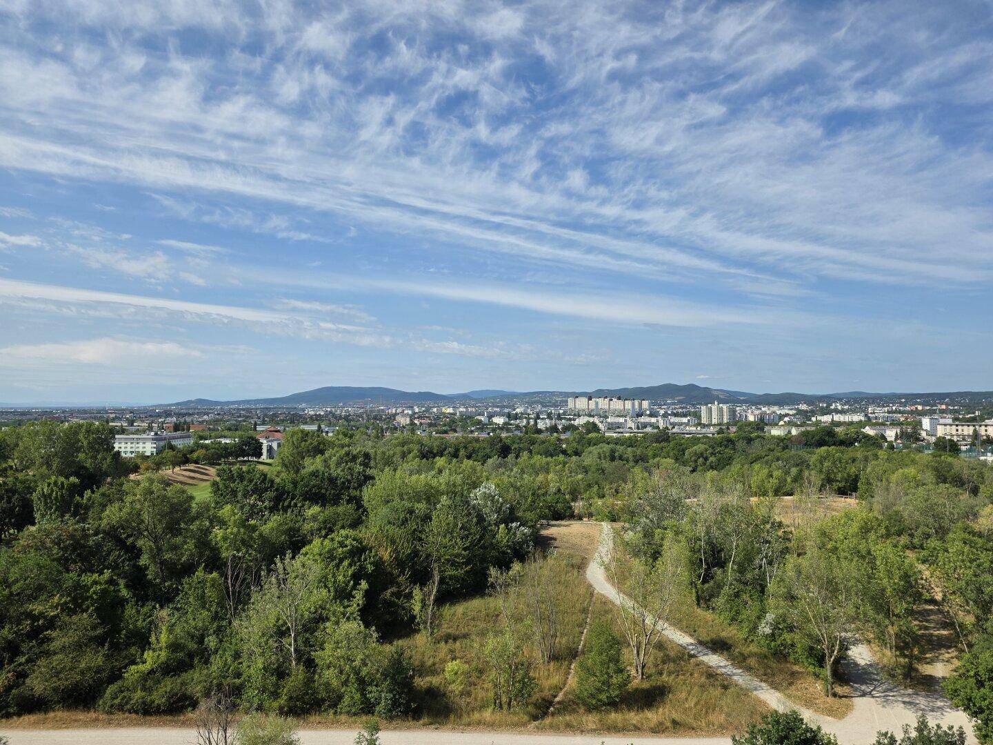 Weitläufiger Blick über grüne Hügel, Wälder und die Stadt am Horizont unter blauem Himmel.
