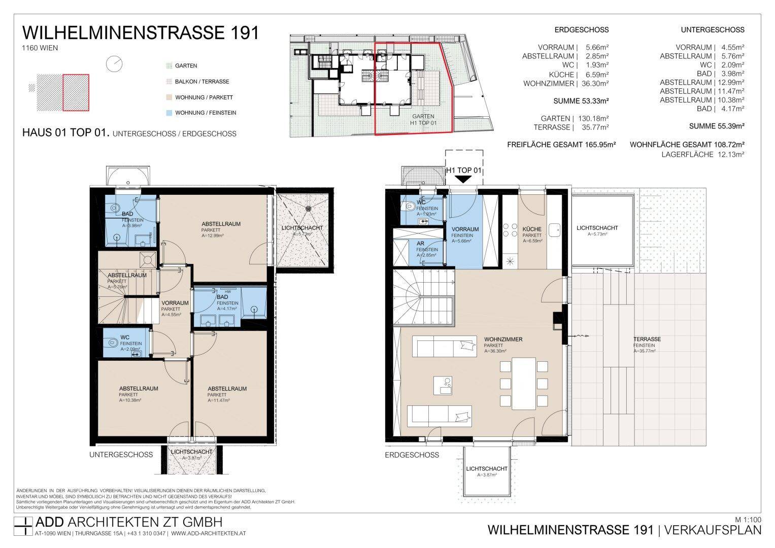 Grundrissplan eines zweistöckigen Hauses mit offenem Wohnbereich, Küche, Terrasse und Garten.