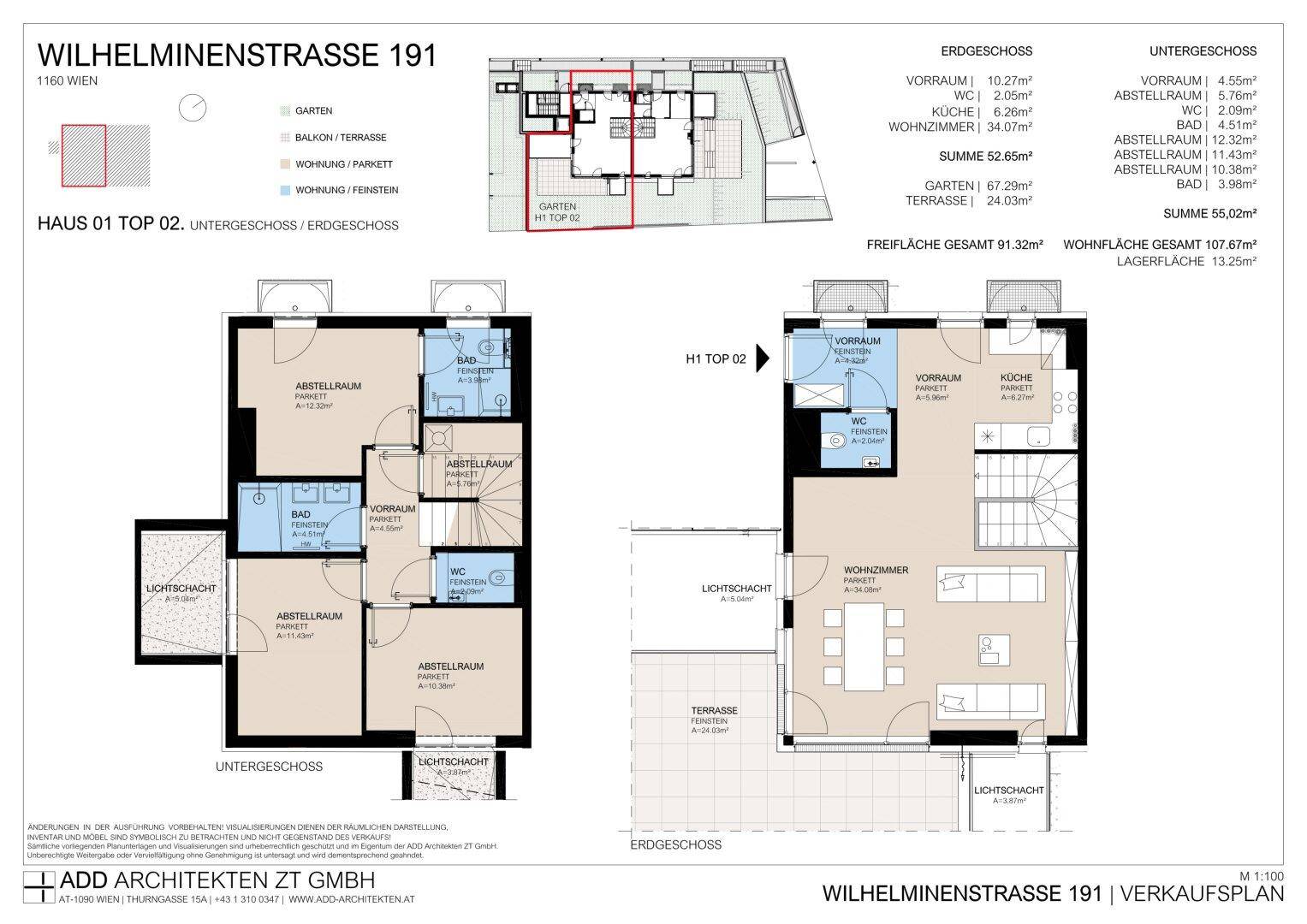 Detaillierter Grundrissplan eines Hauses über zwei Etagen mit Wohnbereich, Küche, Bädern, Abstellräumen, Terrasse und Garten.