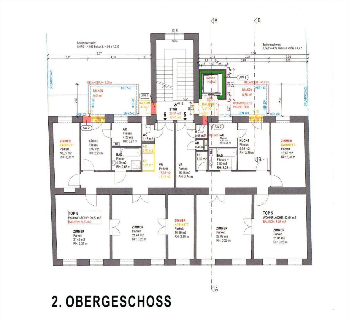 Grundriss des 2. Obergeschosses mit mehreren Wohnungen und Balkonen.