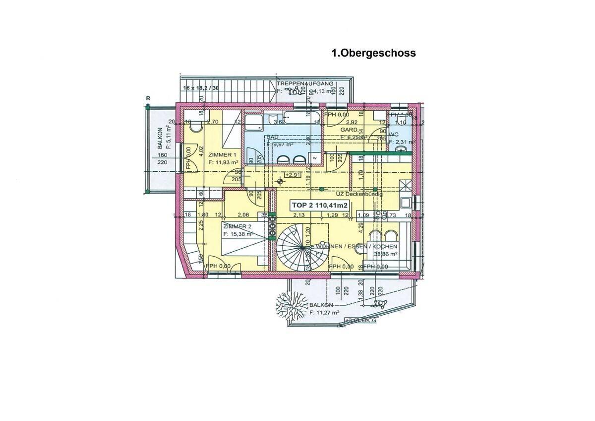 Grundriss des 1. Obergeschosses mit Balkon, zwei Zimmern und Bad.