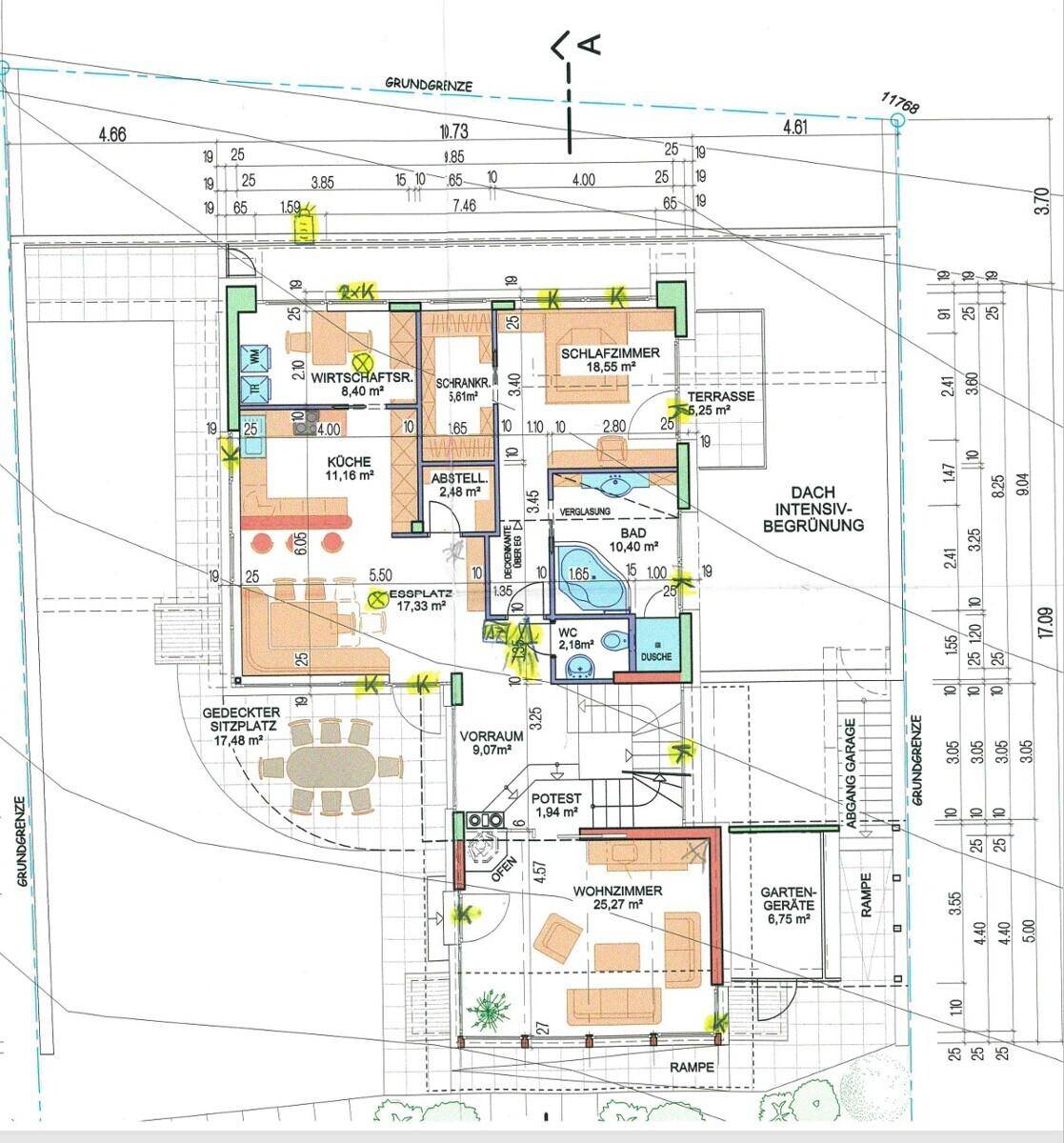 Grundriss des Erdgeschosses mit Wohnzimmer, Küche, Schlafzimmer und Terrasse.