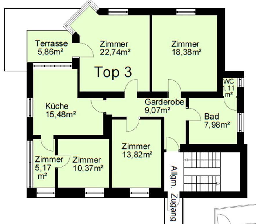 Grundriss der Wohnung Top 3 mit mehreren Zimmern, Küche, Bad, WC und einer Terrasse.