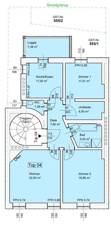 Grundriss der Wohnung Top 04 mit Loggia, Küche/Essen, Wohnzimmer und zwei Schlafzimmern.