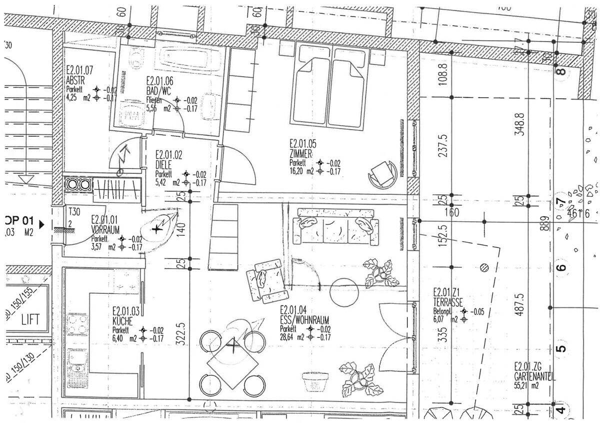 Detaillierter Grundriss einer Wohnung mit Wohn-Essbereich, Schlafzimmer und Terrasse.