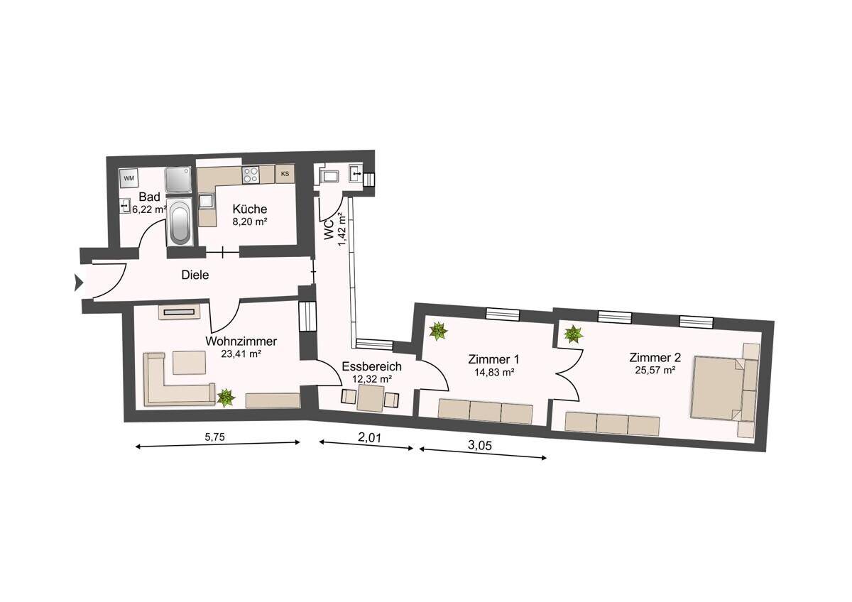 Grundriss einer Wohnung mit drei Zimmern, separater Küche, Bad und Gäste-WC.