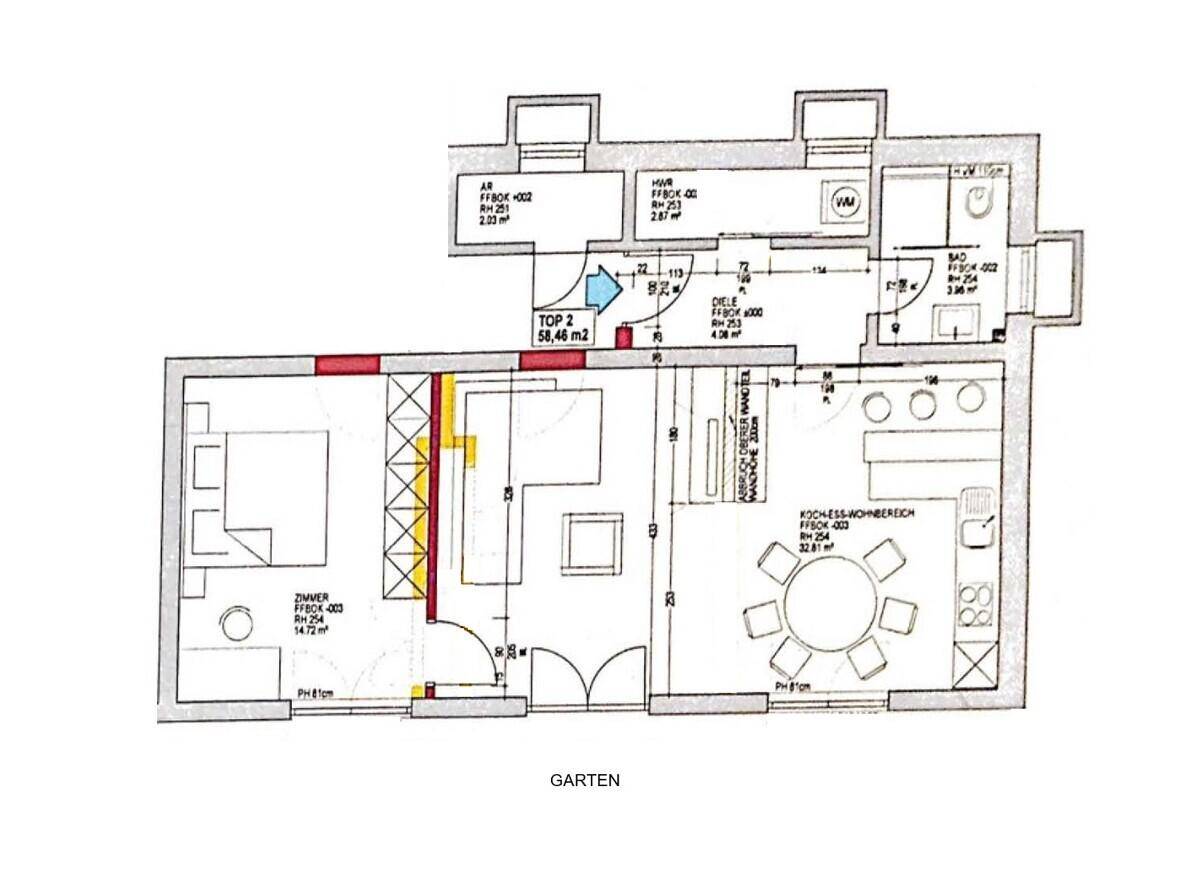 Grundriss einer Wohnung mit Schlafzimmer, offenem Wohn-Essbereich und Zugang zum Garten.