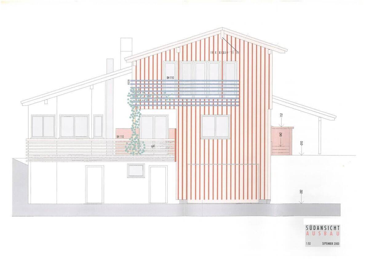 Architektonische Zeichnung der Südansicht eines Gebäudes mit Balkonen und vertikaler Holzverkleidung.