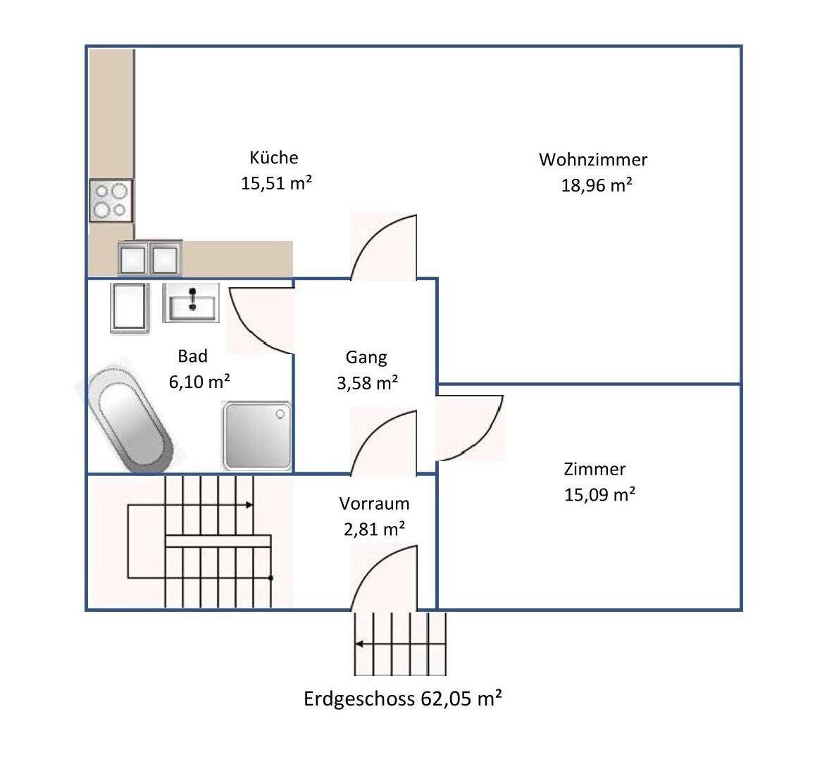 Grundriss des Erdgeschosses mit Küche, Wohnzimmer, Bad und einem weiteren Zimmer.