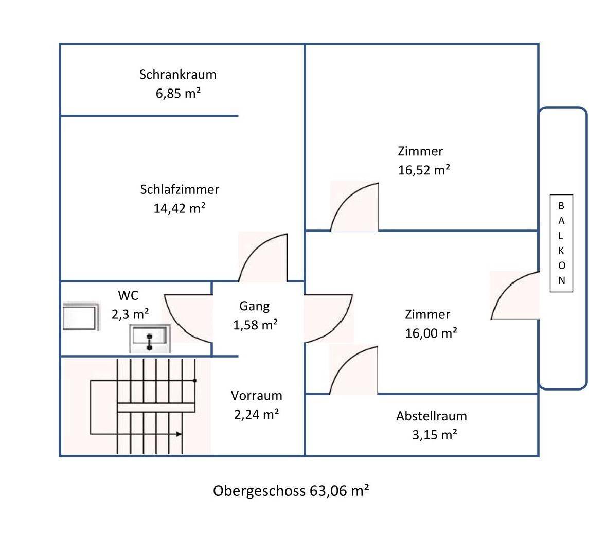 Grundriss des Obergeschosses mit Schlafzimmer, WC, Abstellraum und Balkon.