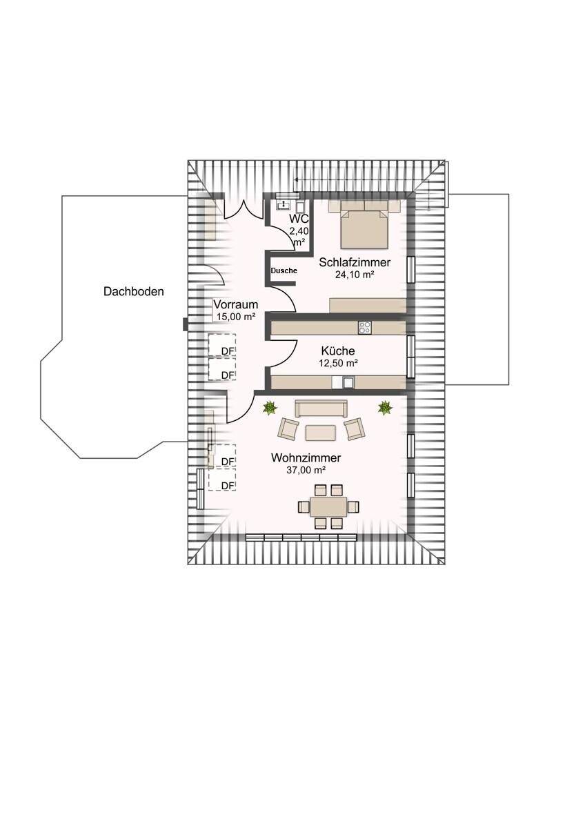 Grundriss des Obergeschosses mit Schlafzimmer, Küche, Wohnzimmer und Dachboden.