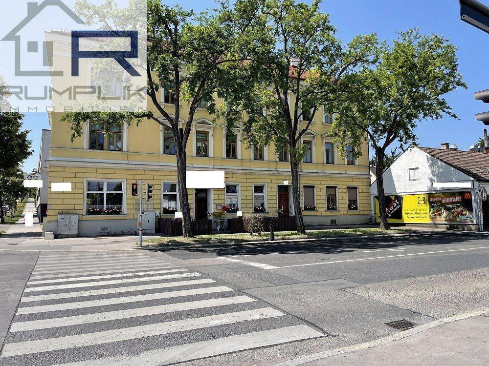 Nahaufnahme der gelben Fassade eines Altbaus mit Geschäften im Erdgeschoss und Bäumen.