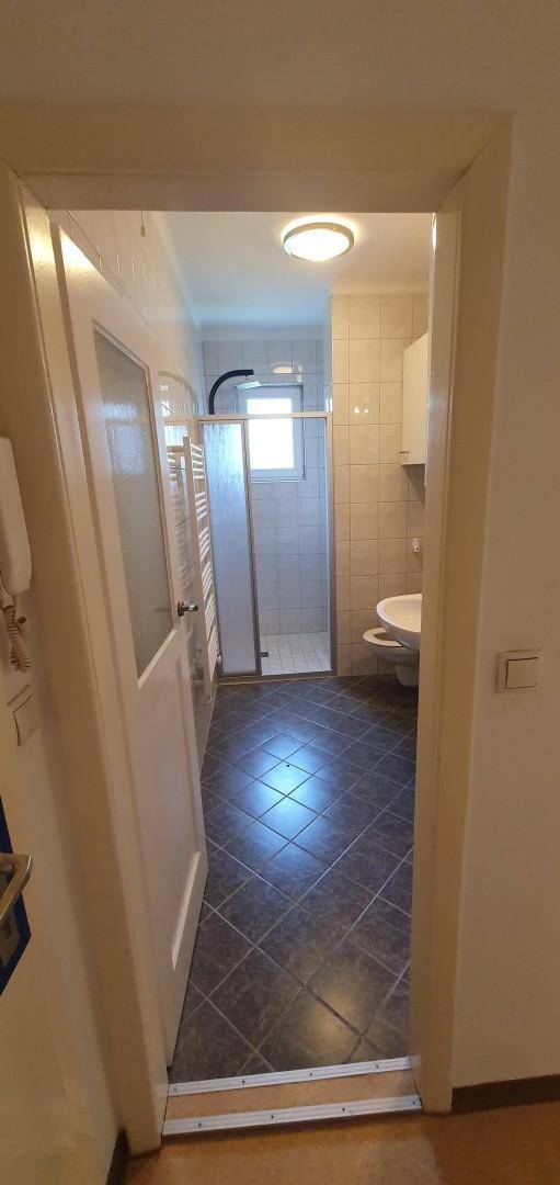Blick durch eine Tür in ein gefliestes Badezimmer mit Duschkabine und WC.