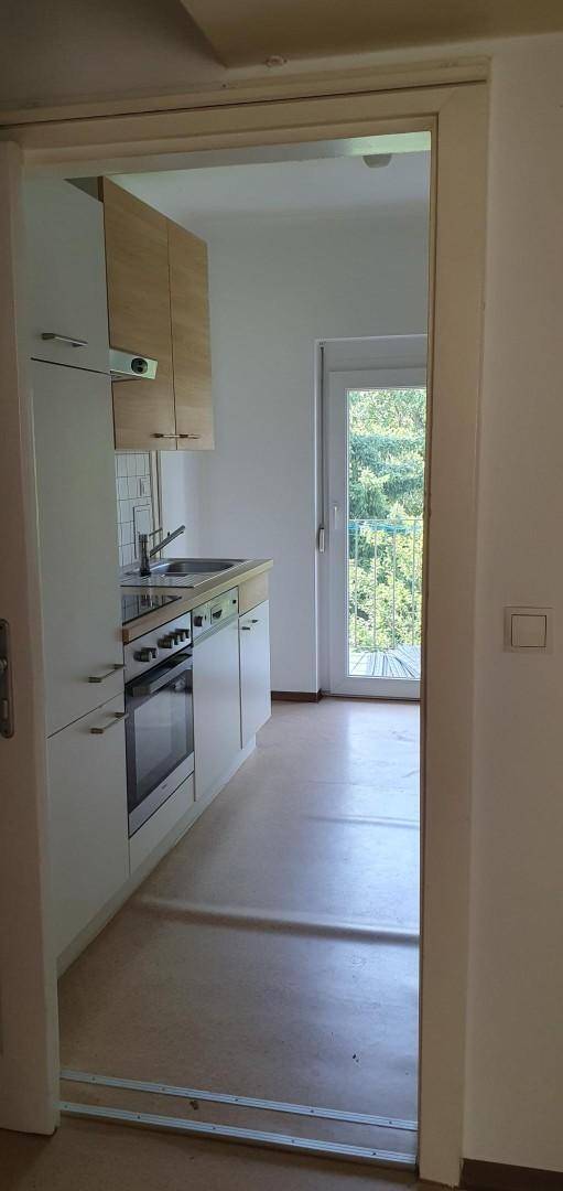 Blick durch eine Tür in eine helle Küche mit Holzelementen und Zugang zum Außenbereich.