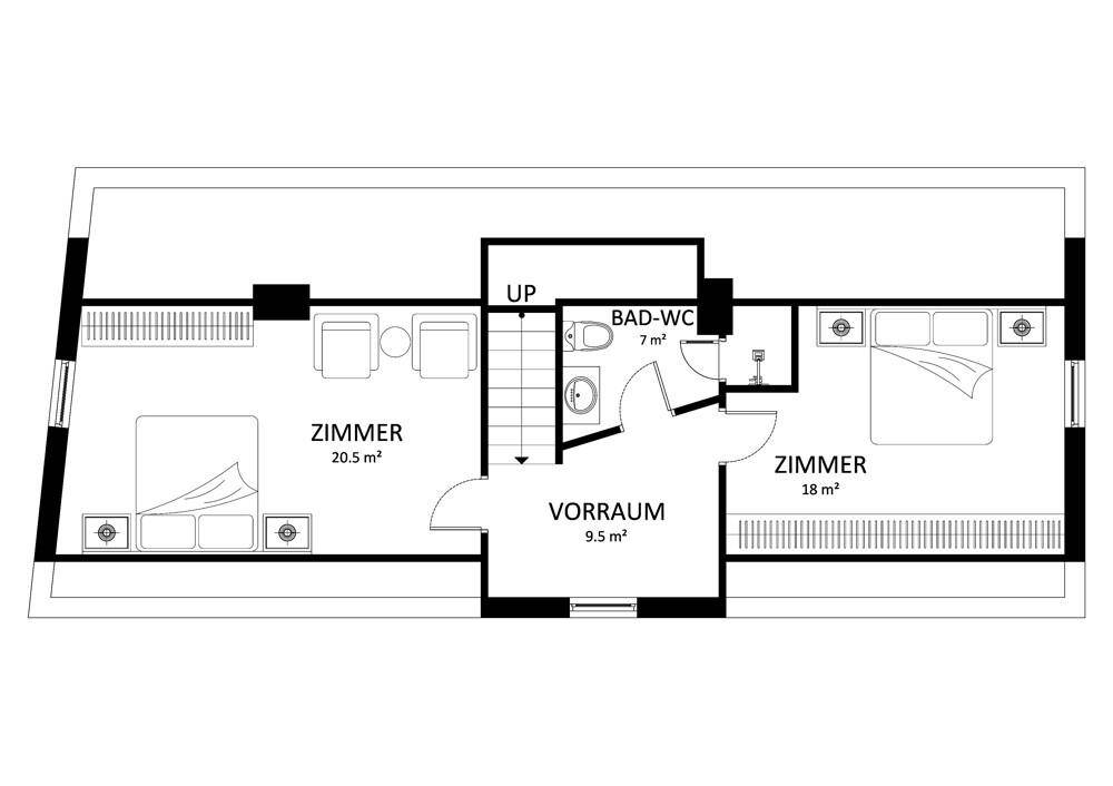 Grundriss des Obergeschosses mit zwei Schlafzimmern, einem Badezimmer und einem zentralen Vorraum.