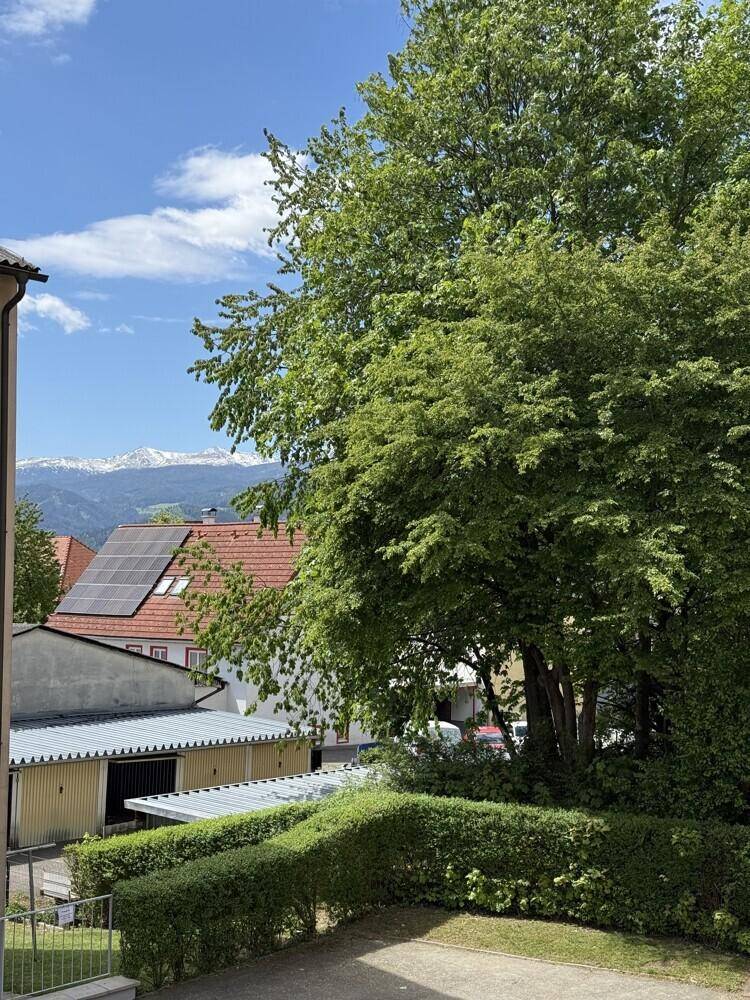 Malerischer Ausblick auf grüne Bäume, Dächer mit Solaranlagen und schneebedeckte Berge in der Ferne.