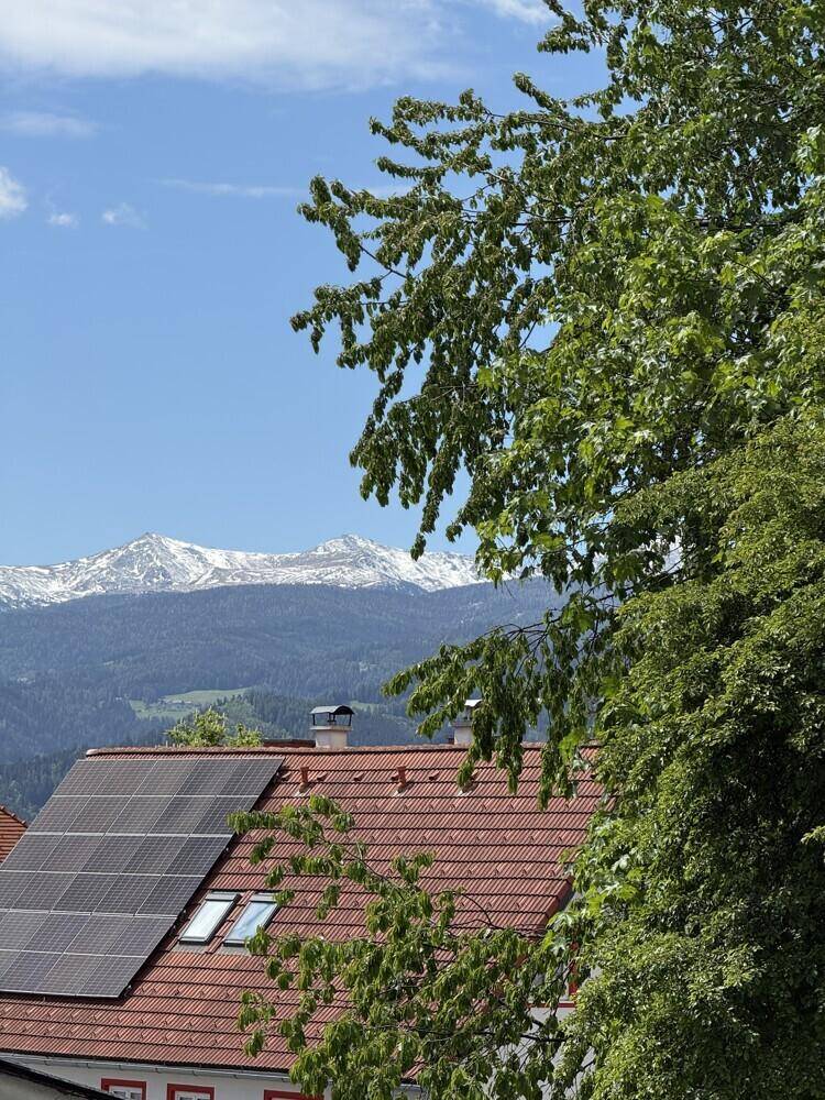 Nahaufnahme des Ausblicks auf schneebedeckte Berge und ein Dach mit Photovoltaikanlage.