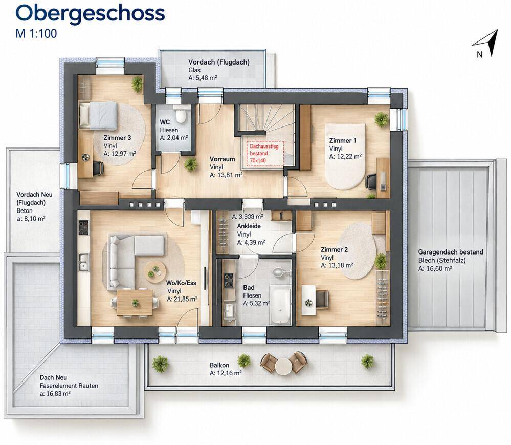 Modernes Obergeschoss mit Wohnplan und Balkon