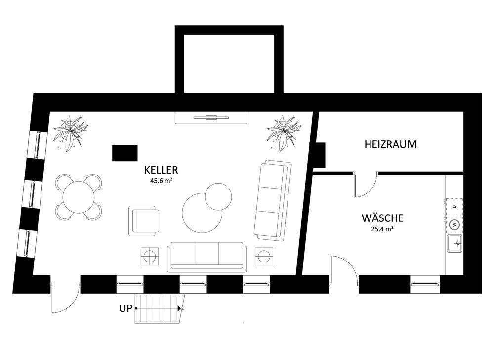 Grundriss des Untergeschosses mit großem Kellerbereich, Heizraum und separater Waschküche.