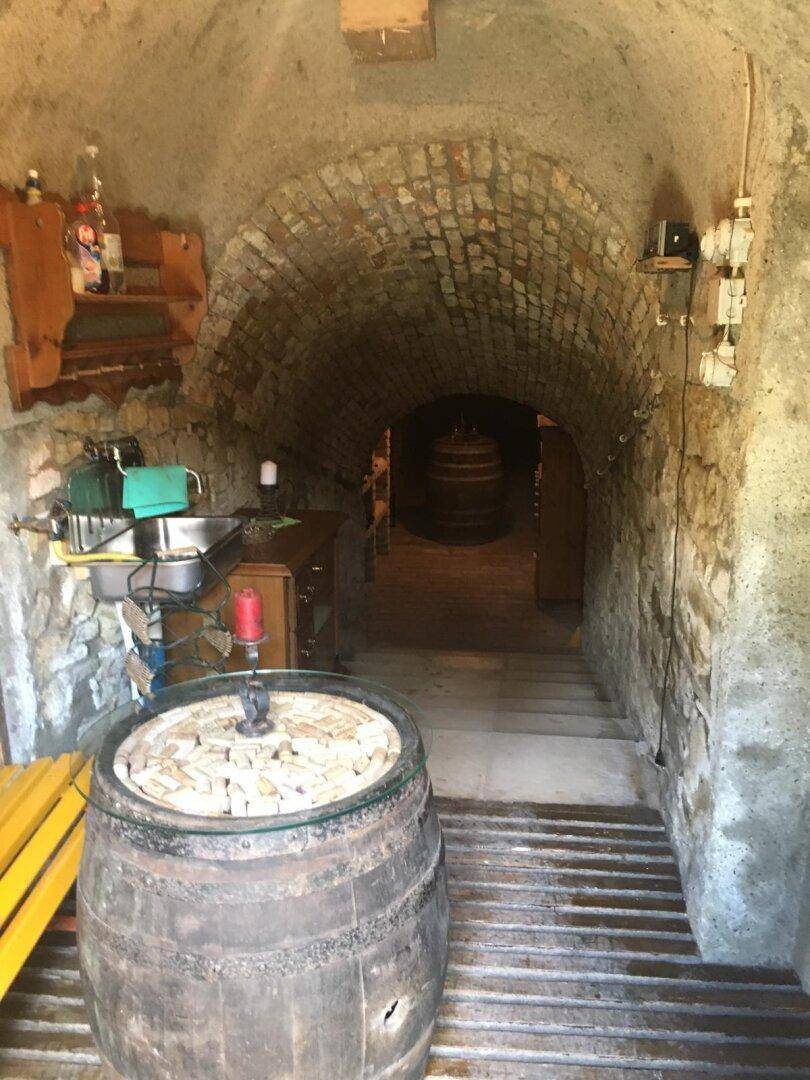 Eingangsbereich eines Weinkellers mit Steinstufen, Spülbecken und einem Weinfass.