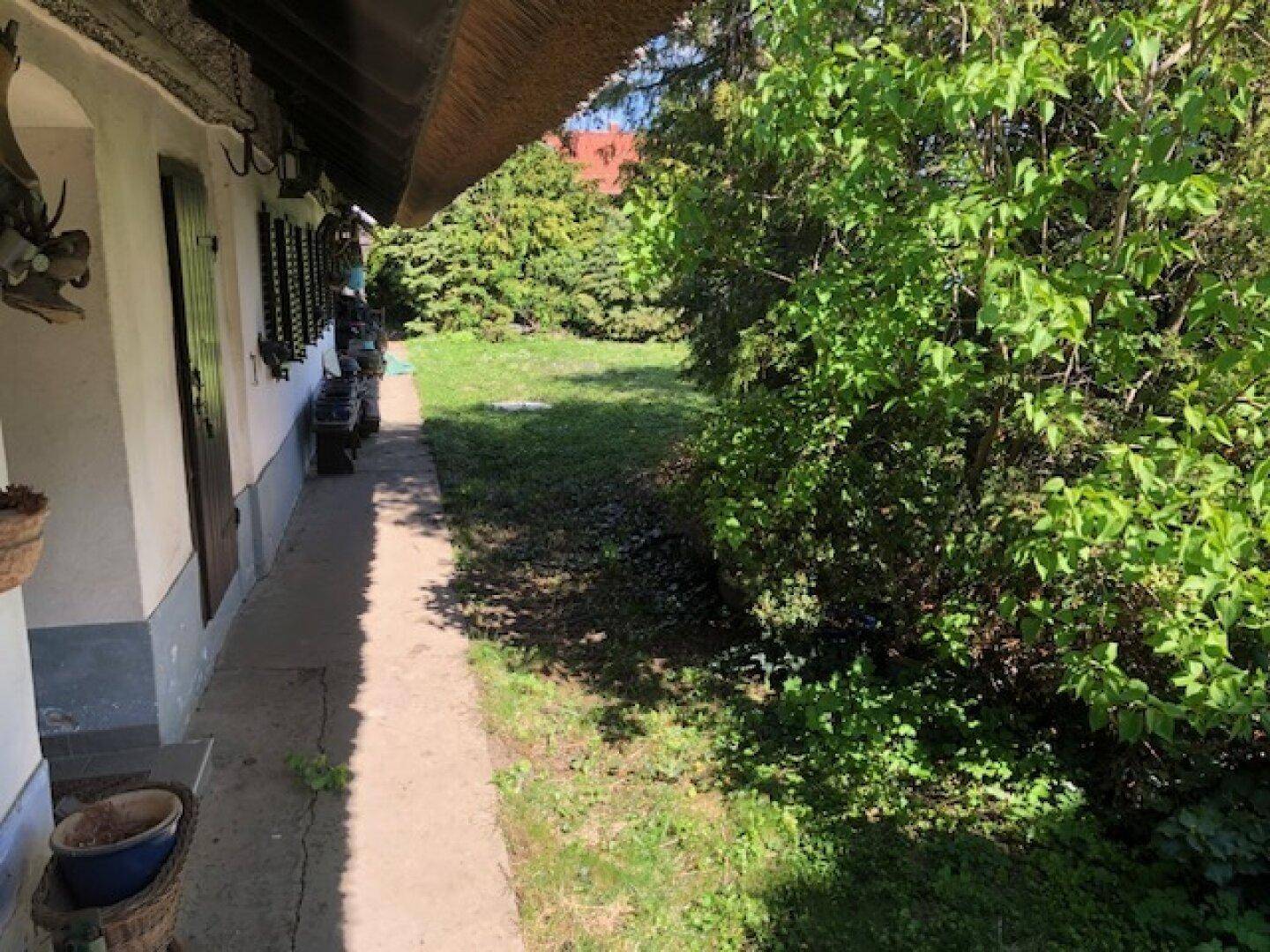 Schmaler Weg entlang der Hausfassade, der zu einem weitläufigen, grünen Garten mit Bäumen führt.