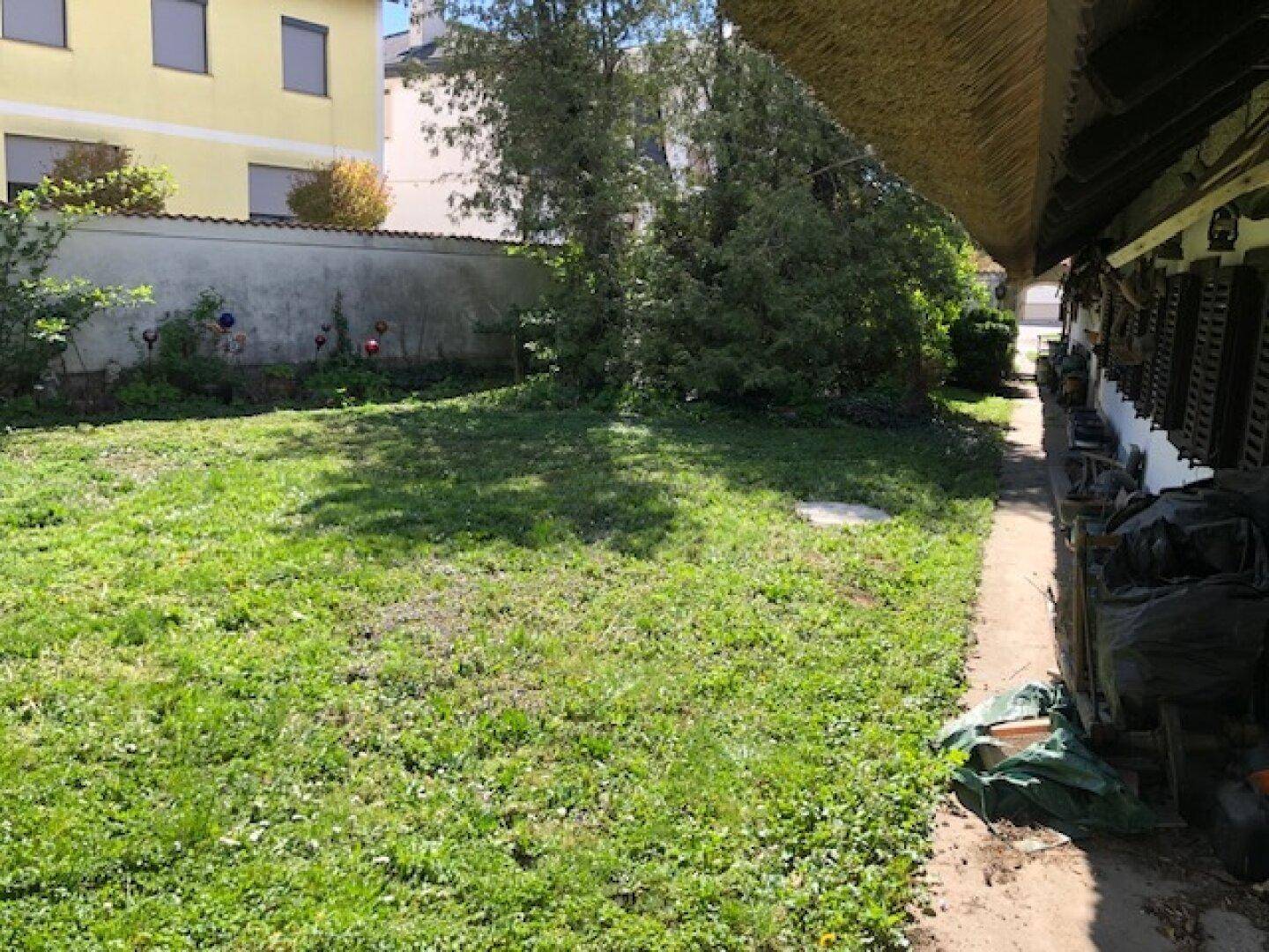 Weitläufiger Gartenbereich mit Rasenfläche und einem Pfad entlang des Hauses, im Hintergrund ein weiteres Gebäude.