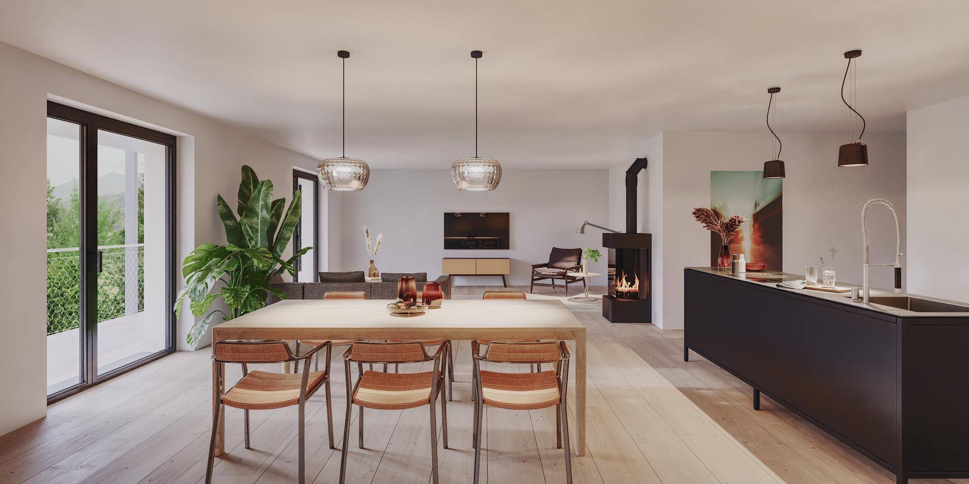 Moderner offener Wohn-Essbereich mit integrierter Küche, Kamin und Zugang zum Balkon.