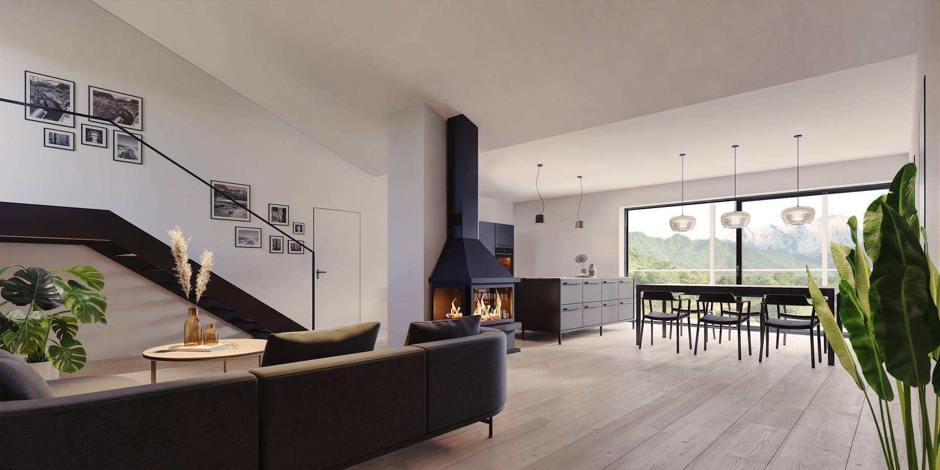 Geräumiger Wohn-Essbereich mit modernem Kamin, Treppe und weitem Bergblick durch große Fenster.