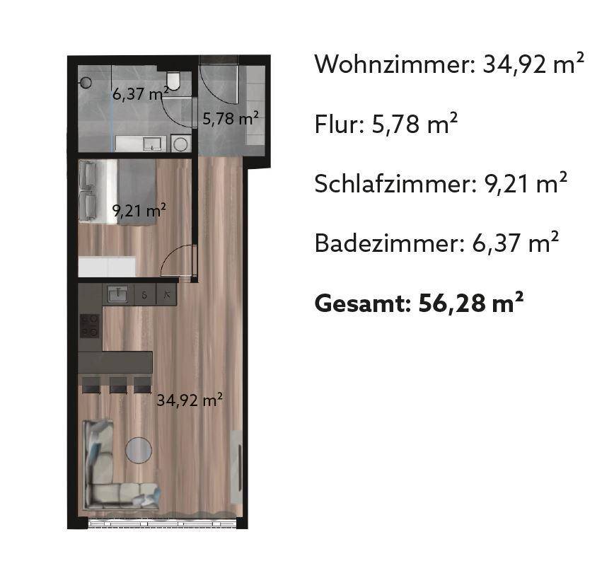 Grundriss einer Wohnung mit offenem Wohnbereich, Schlafzimmer und Badezimmer.