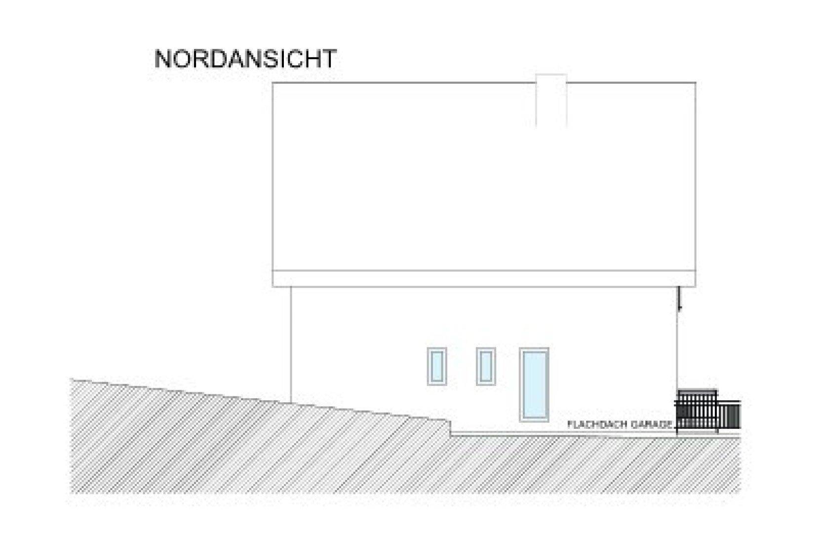 Nordansicht des Gebäudes mit minimalistischer Fassadengestaltung und Flachdachgarage.