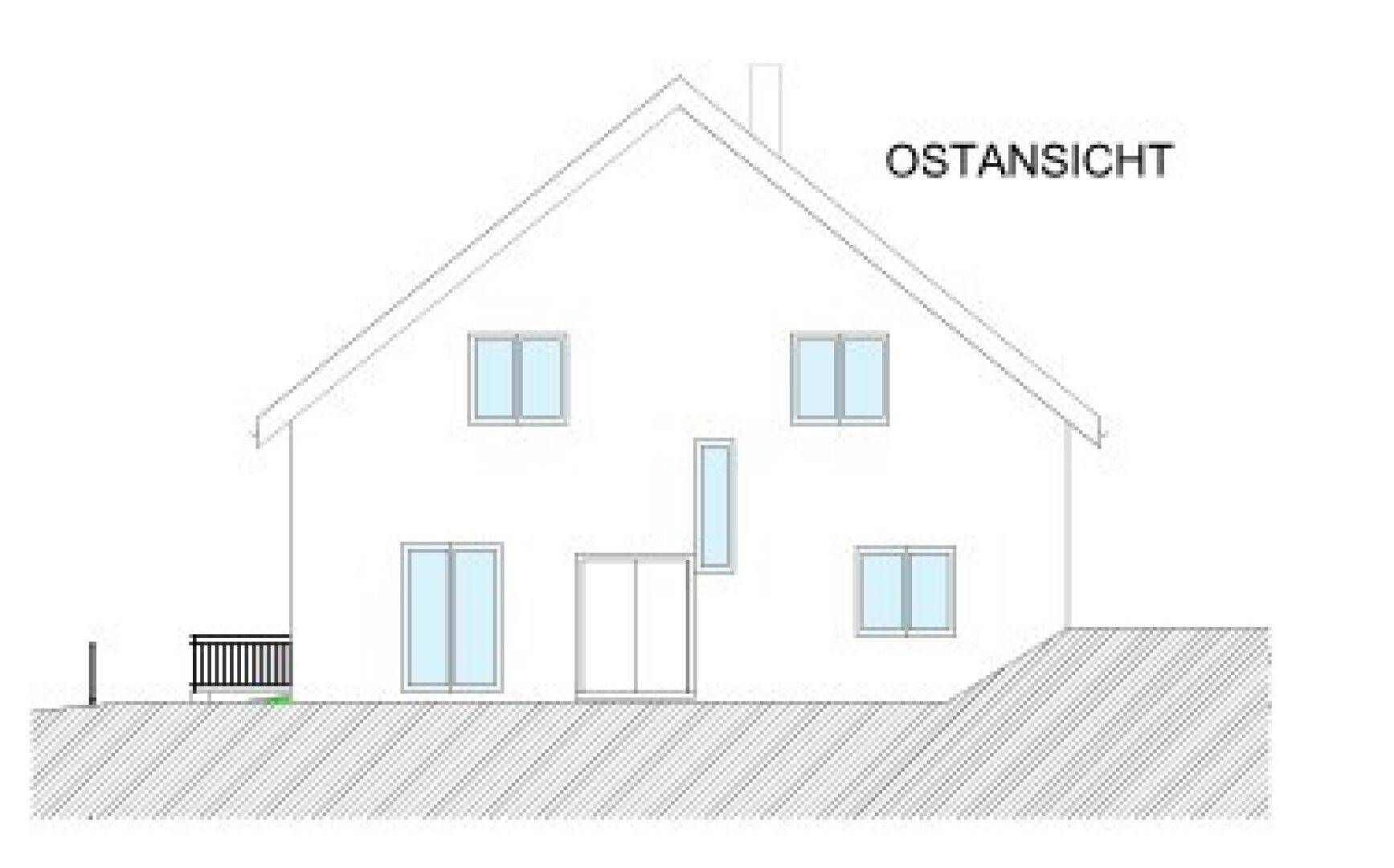 Ostansicht des Hauses mit Satteldach, mehreren Fenstern und einem modernen Design.