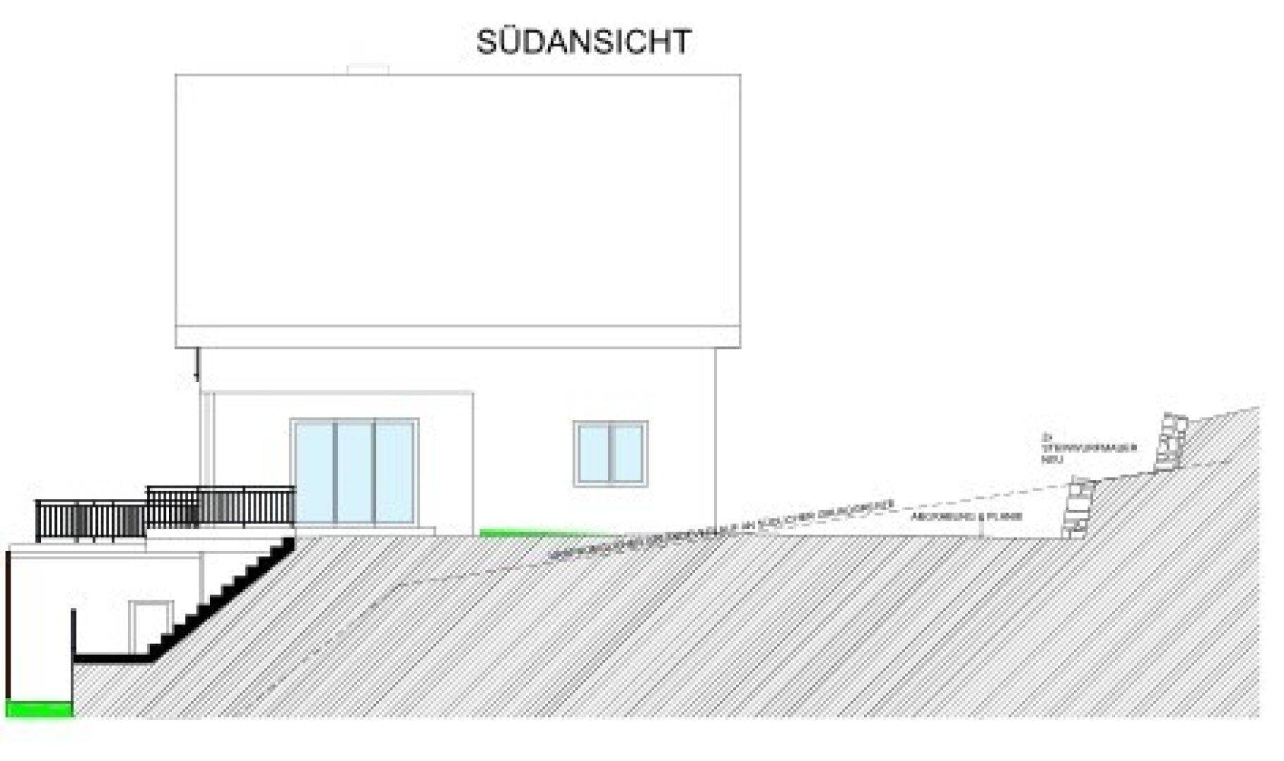 Südansicht des Hauses mit Terrasse und Hanglage, die eine interessante Architektur schafft.
