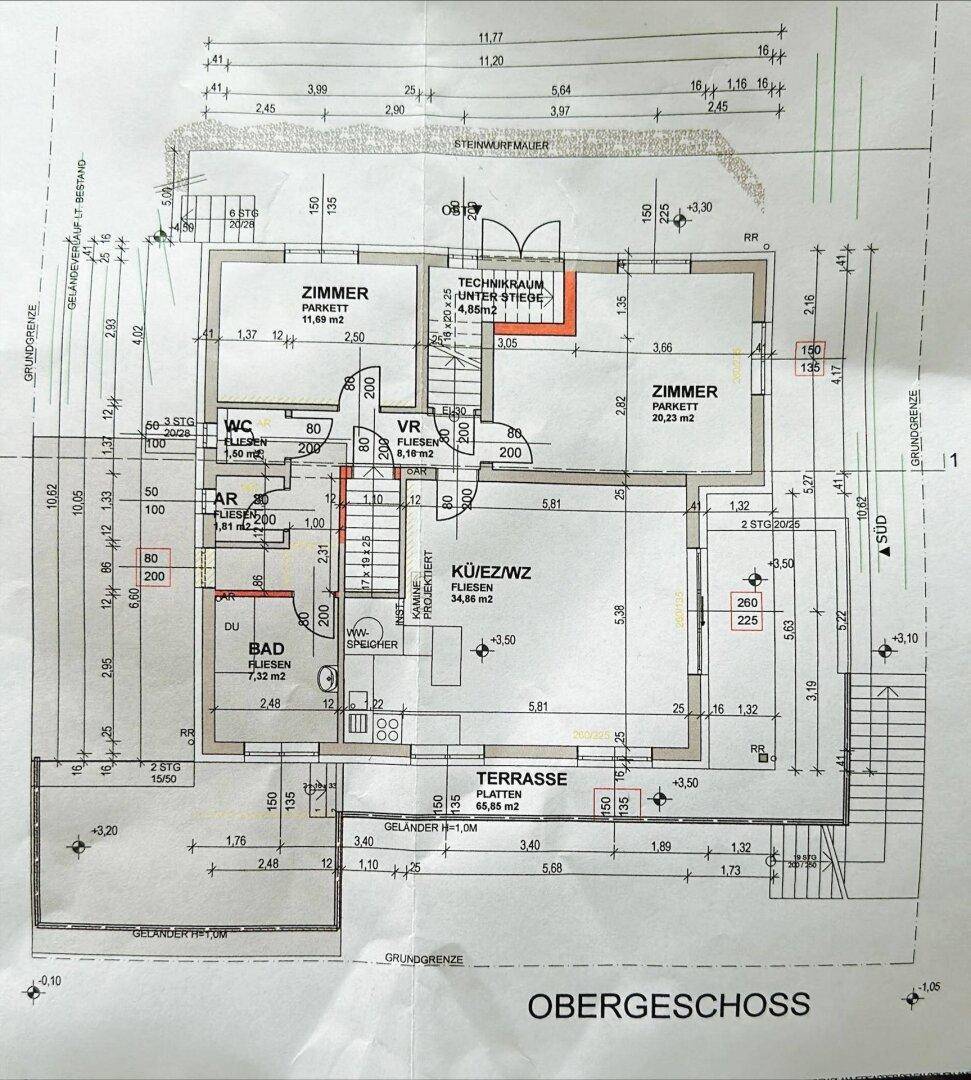 Grundriss des Obergeschosses mit Schlafzimmern, Bad, WC, offenem Wohnbereich und großer Terrasse.