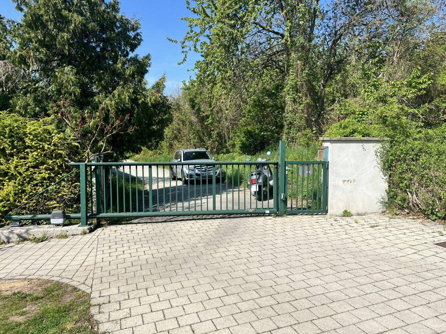 Grünes Einfahrtstor zum Grundstück mit gepflasterter Zufahrt und umgebender Vegetation.