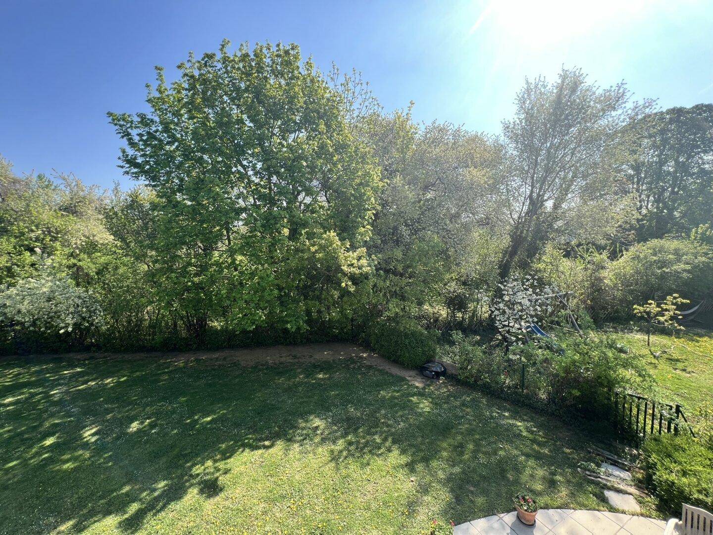 Weitläufiger Gartenbereich mit Rasen und Bäumen, von oben betrachtet unter blauem Himmel.