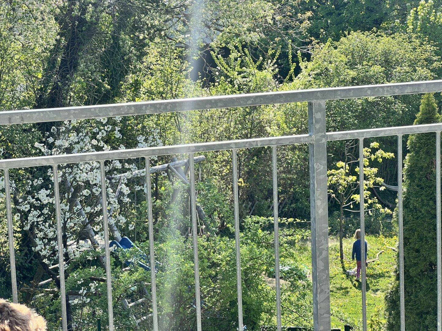 Weitläufiger Blick vom Balkon auf den grünen Garten und die umliegende Natur.