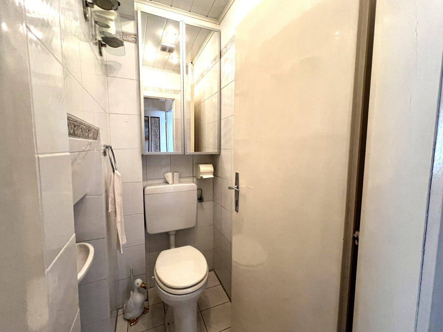 Kleines Gäste-WC mit weißen Fliesen, Toilette und einem Spiegelschrank.