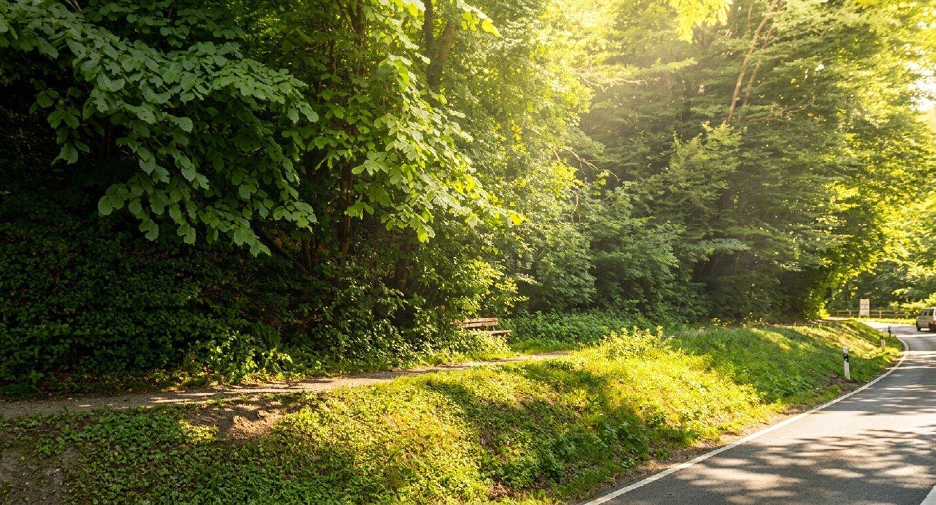 Sonniger Waldweg neben einer Landstraße mit üppigem Grün und Bäumen.