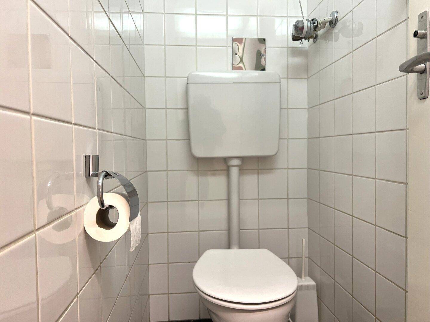 Kleines WC mit weiß gefliesten Wänden und Standard-Toilette.