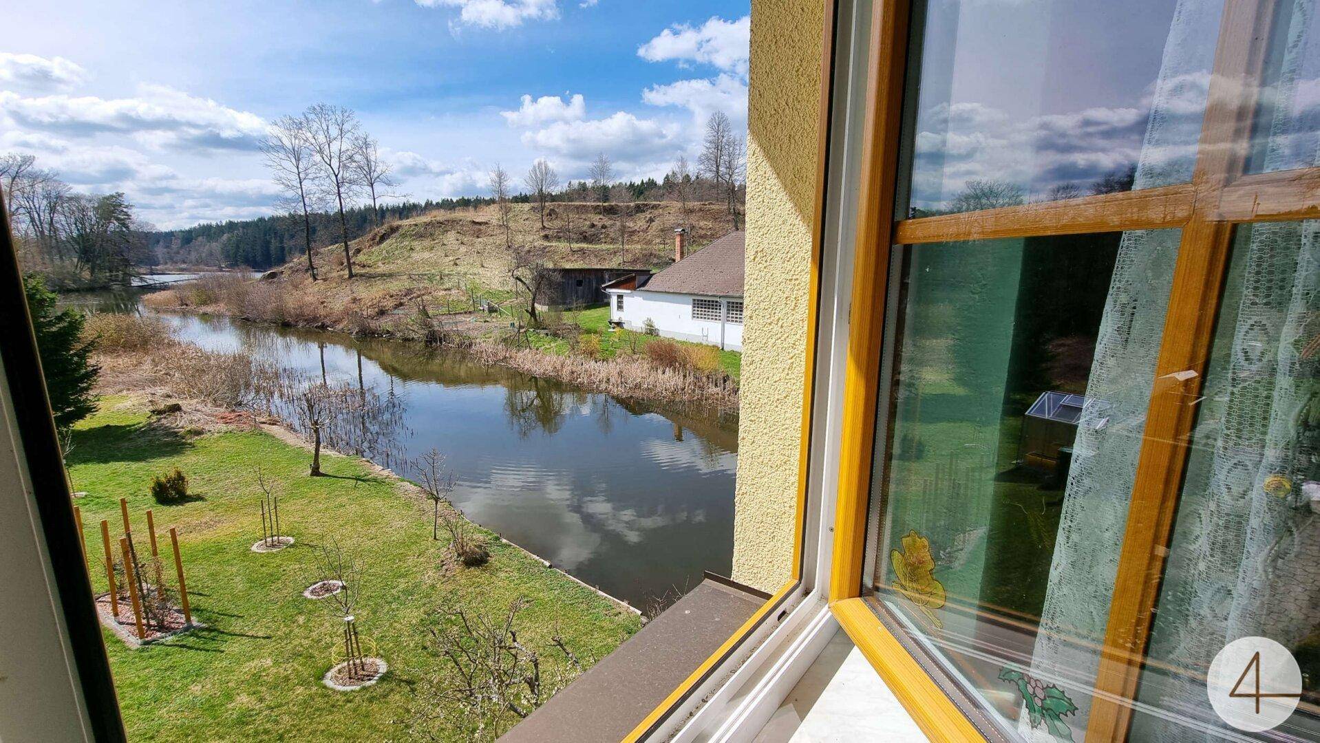 Ausblick aus einem Fenster auf einen Fluss oder See und die umliegende grüne Landschaft.