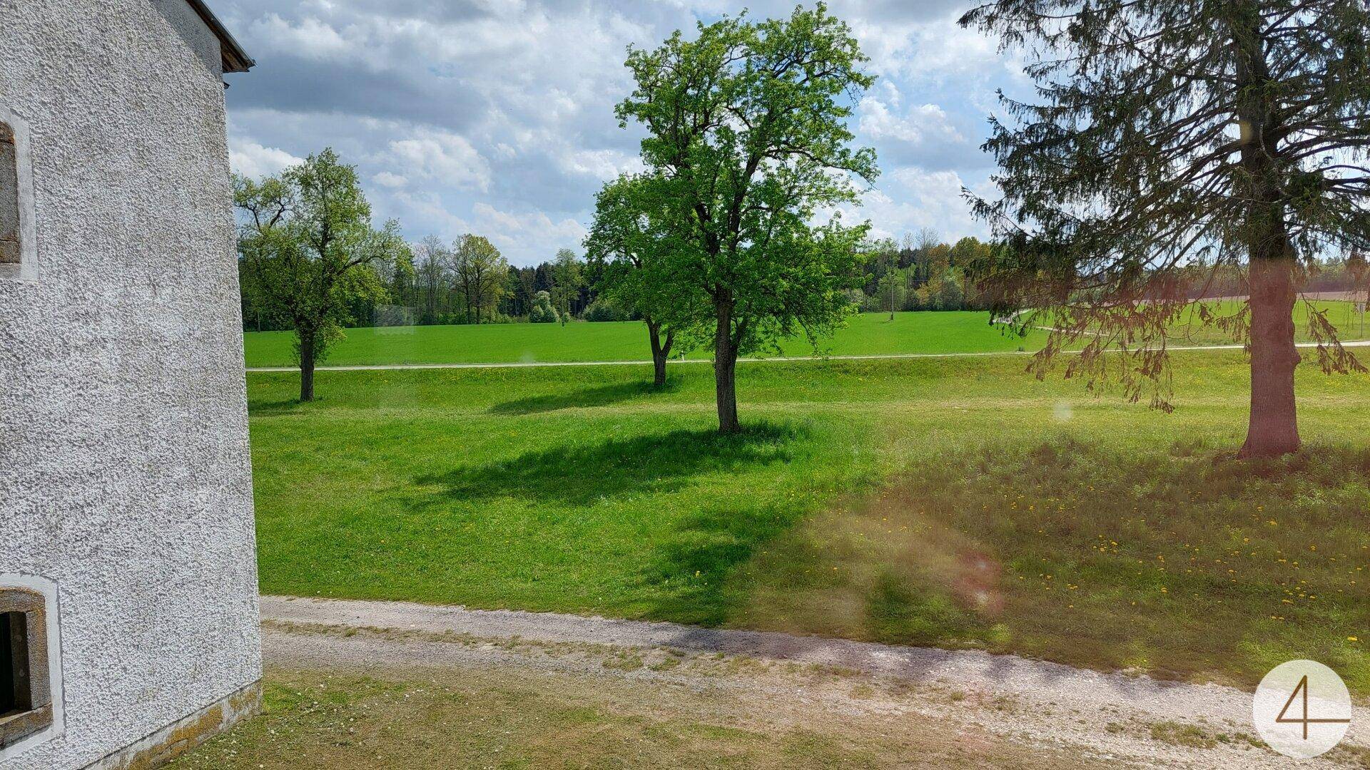 Grüne Wiese mit Bäumen und einem Teil eines Gebäudes unter blauem Himmel.