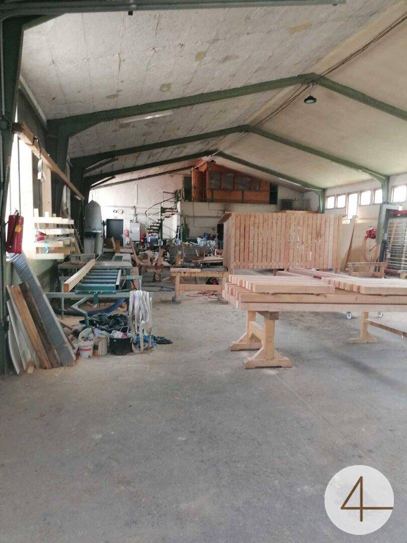 Weitläufige Werkstatt mit hoher Decke, vielen Fenstern und verschiedenen Holzbearbeitungsmaschinen.