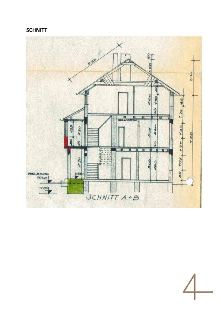 Architektonischer Schnitt des Hauses, der die verschiedenen Stockwerke und Dachkonstruktion zeigt.